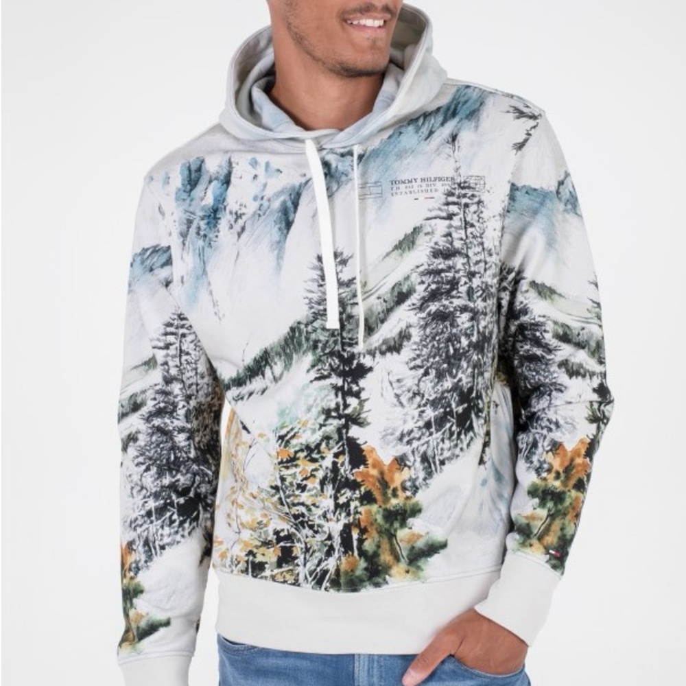 Tommy Hilfiger Scenic Landscape Print Hoodie in Gray and Green XS